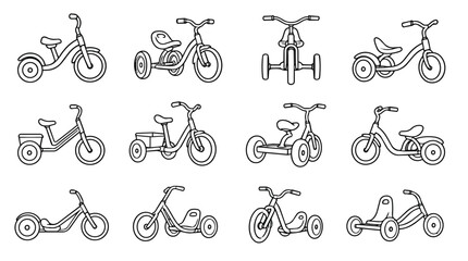 Naklejka premium Children's Tricycles Line Art Vector Set on White Background