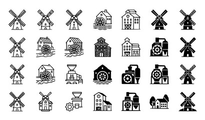 Farm and Windmill Icon Set with Barn Silo Grain Elevator and Tractor Symbols for Agriculture and Rural Design © Ronjina