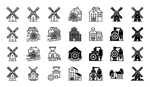 Farm and Windmill Icon Set with Barn Silo Grain Elevator and Tractor Symbols for Agriculture and Rural Design