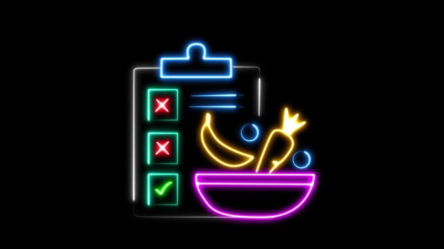 Nutrition Planning Symbol, Modern Wellness Interface video and Glowing Neon Healthy Meal Planner 4k Animation on Black Background, Food Checklist with Vegetables and Bowl animation 