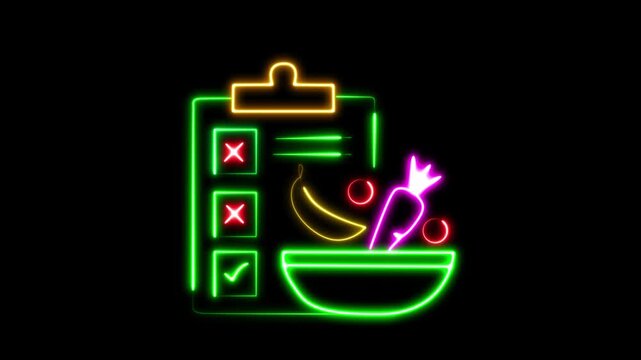 Nutrition Planning Symbol, Modern Wellness Interface video and Glowing Neon Healthy Meal Planner 4k Animation on Black Background, Food Checklist with Vegetables and Bowl animation 