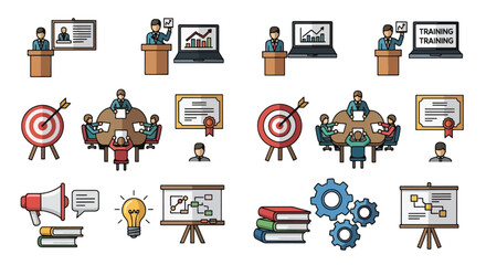 Vector illustration of various travel and transportation icons. © MASJAB
