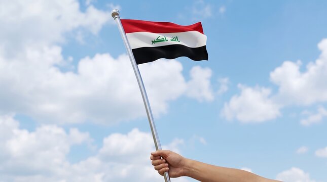 Person holding Iraqi national flag on silver pole against bright blue sky with white clouds