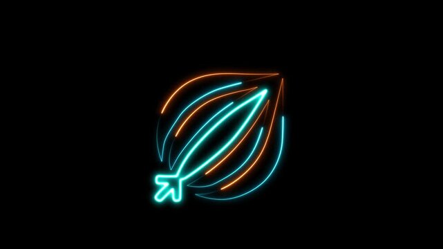 A Fresh Vegetable Outline, Organic Cooking Ingredient Symbol, Modern Kitchen Food Illustration animation. Luminous Neon Onion Icon 4k Animation on Black Background.