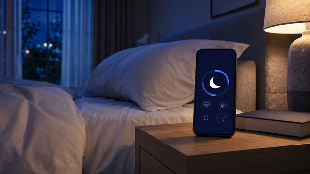 Sleep wellness app concept in peaceful bedroom