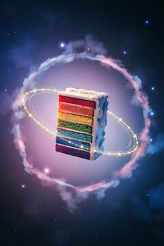 Layered rainbow cake floating in space with glowing nebula rings floating colorful delicious celebration background
