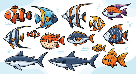 Colorful vector illustration of various fish species. © MASJAB
