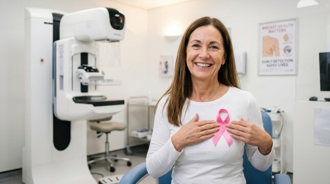 Smiling middle aged woman holds a pink breast cancer awareness ribbon in a medical clinic with a mammography machine in the background representing health screening and early detection for patients