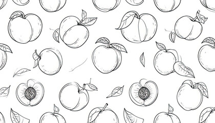 Obraz premium Seamless Peach and Leaf Vector Pattern Illustration in Black and White Line Art Style