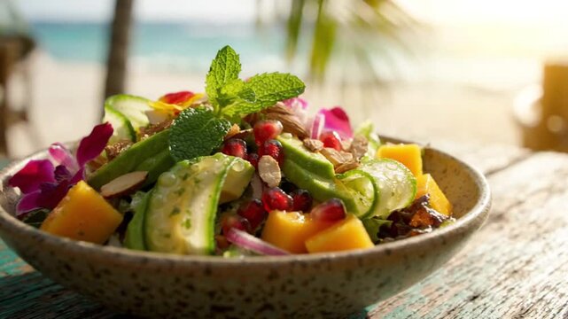 Fresh Vegan Salad Bowl with Avocado and Mango Served on Wooden Table with Tropical Beach Background