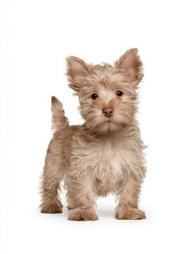 Small tan terrier puppy standing on a white background