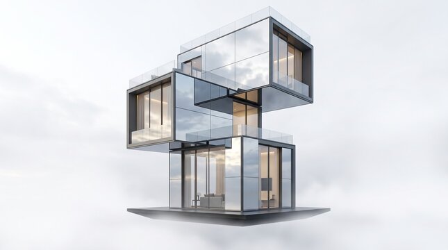 Modern modular house with glass facade, futuristic container home architecture, luxury prefab building design isolated on white background