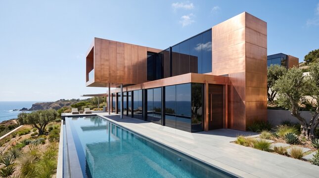 Modern copper luxury villa with infinity pool, contemporary coastal architecture with metallic facade, high-end residential estate overlooking the ocean