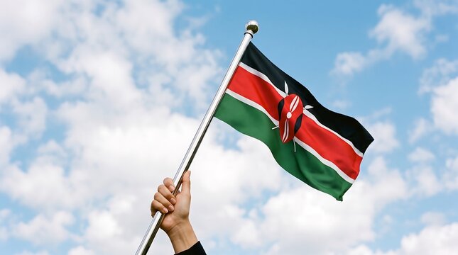 Person holding waving flag of Kenya on silver pole against bright blue sky with clouds