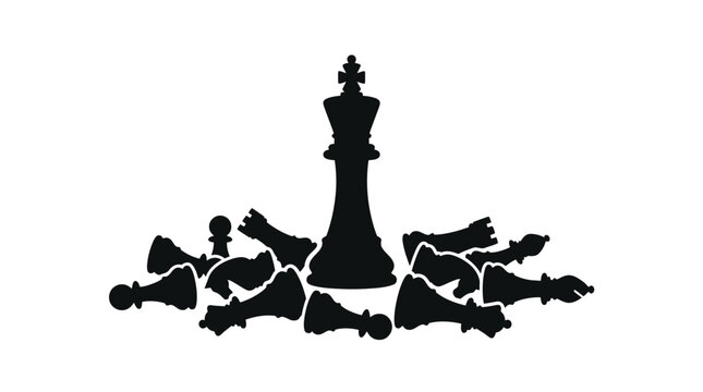 Minimalist black and white vector illustration of a dominant chess king standing above fallen pieces