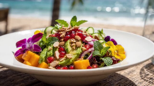 Fresh Vegan Tropical Salad with Avocado, Mango, Pomegranate and Edible Flowers on a Beach Table