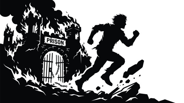 Silhouette of a man escaping from a burning prison in this dramatic black and white illustration