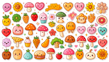 Obraz premium Playful Y2K sticker collection featuring happy vegetables, bread, peace signs, and whimsical cartoon faces.