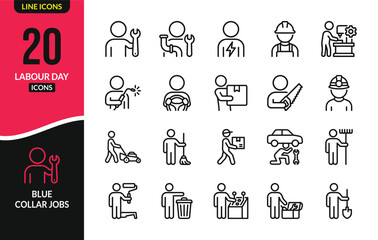 Fototapeta premium Set of twenty line icons representing various professions and occupations for labour day celebration and business career concepts
