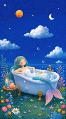Obraz premium Whimsical mermaid in a bathtub under a starry sky, perfect mobile wallpaper.