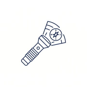 Minimalist line art flashlight icon with compass star for search, discovery, illumination, solution, and guidance concept isolated on white background.
