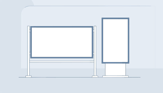 Blank horizontal billboard and a vertical light box stand for outdoor advertisement mockup templates on a pale blue backdrop.