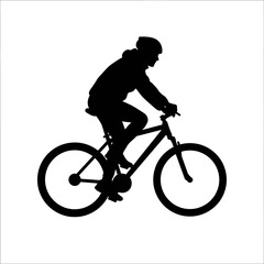 Fototapeta premium A striking black silhouette of a mountain bike rider wearing a helmet, captured in a dynamic riding position against a clean white background, representing urban exercise.