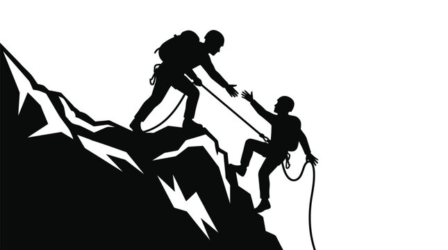 Flat vector illustration of two mountain climbers helping each other reach the steep rocky summit peak