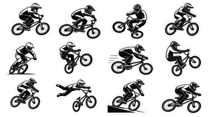 Naklejka premium Dynamic Black White BMX Bicycle Riders Stunts Vector Collection