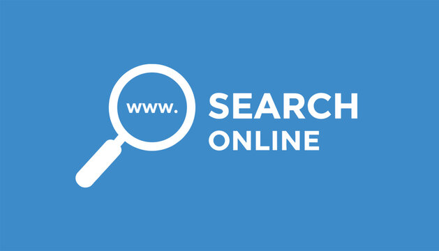 Search online vector icon illustration on blue background featuring a magnifying glass with website domain symbol.