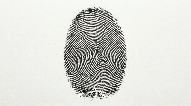 Detailed black ink fingerprint on textured white paper showing unique human identity and biometric security systems for forensic investigation and personal authentication purposes in modern world now.