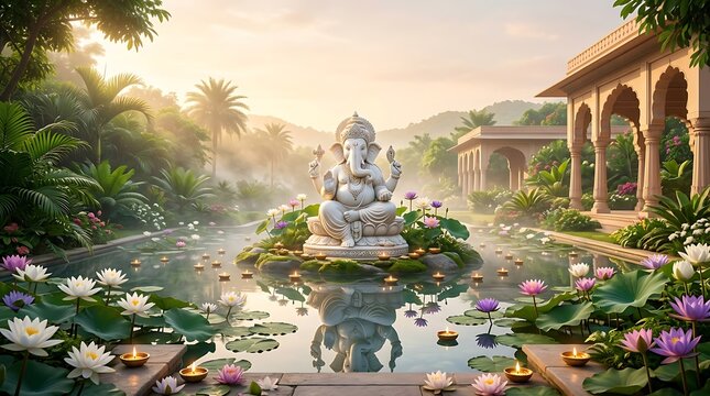 White Lord Ganesha Statue in Lotus Pond for Ganesh Chaturthi