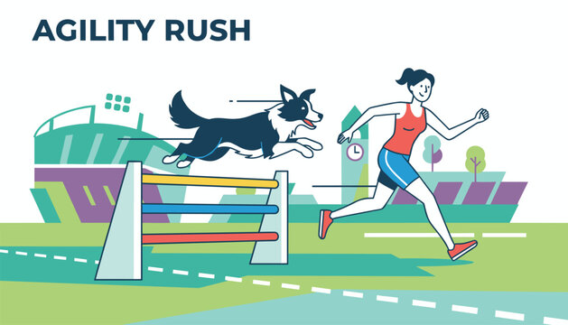 Border collie dog jumping over hurdle during agility rush training course with female handler running alongside.
