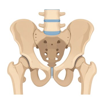 3D rendered wooden pelvis with lumbar vertebra.