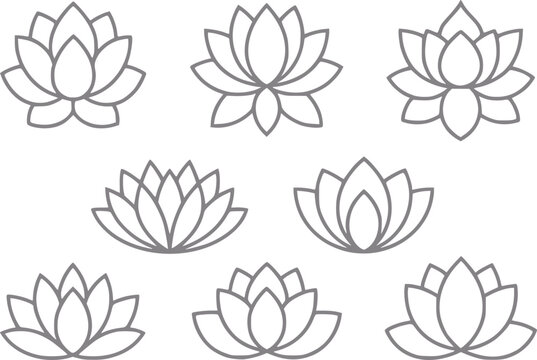 Una colecci&oacute;n de flores de loto minimalistas dispuestas en un patr&oacute;n sobre un fondo blanco limpio para