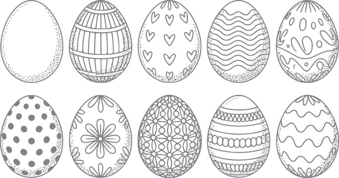 Una colecci&oacute;n de diez huevos de pascua dibujados a mano con varios patrones decorativos en un estilo de l&iacute;nea en blanco y negro