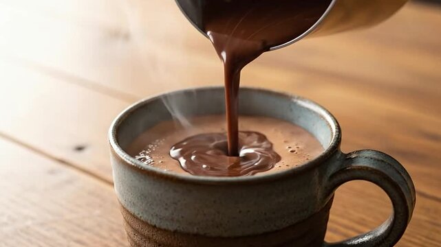 A stream of hot chocolate is poured into a rustic ceramic mug on a wooden table