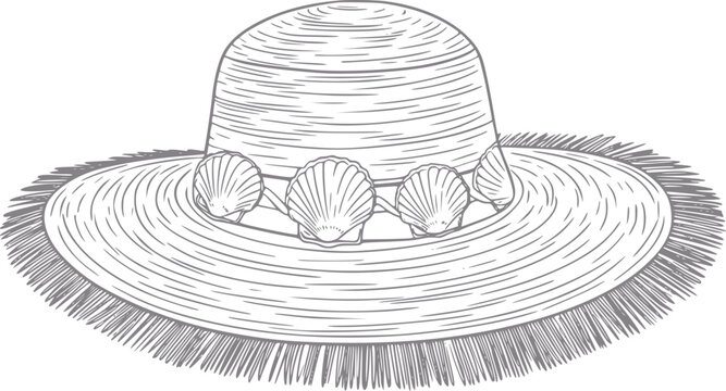 Una l&iacute;nea detallada de un sombrero de paja para el sol decorado con conchas marinas, aislado sobre un fondo blanco