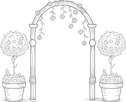 Un dibujo a mano de un arco de jard&iacute;n decorativo adornado con flores y flanqueado por dos &aacute;rboles topiarios en macetas