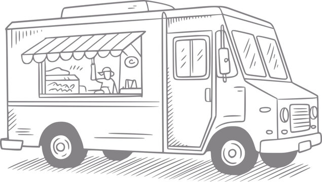 Un dibujo a mano de un cami&oacute;n de comida con un vendedor atendiendo a los clientes desde una ventana de servicio sobre fondo blanco