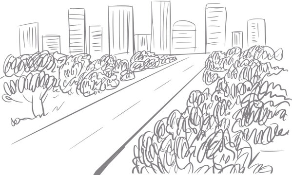 Un dibujo a mano de un horizonte de la ciudad visto desde una carretera bordeada de &aacute;rboles y frondosos arbustos verdes en perspectiva