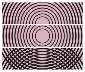 Naklejka premium Set of three modern geometric circular line backgrounds with black curved patterns on a dusty pink background.