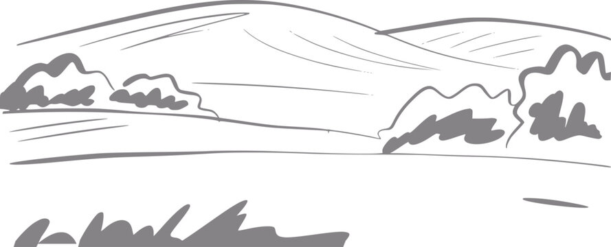 Un dibujo a mano simple de un paisaje rural pac&iacute;fico con colinas onduladas y peque&ntilde;os arbustos