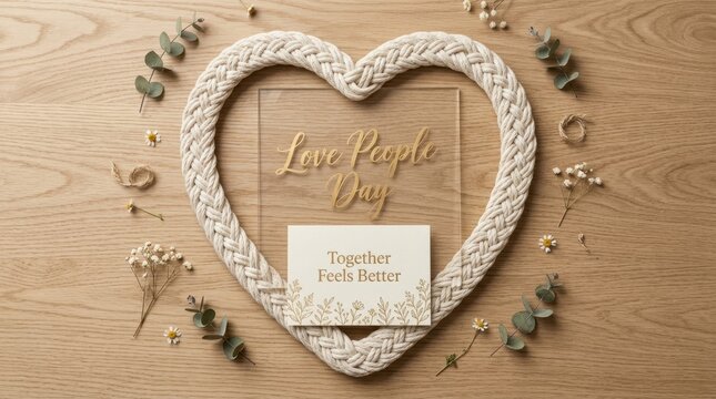 Elegant braided heart frame surrounds Love People Day acrylic sign and Together Feels Better greeting card on wooden table with dried flowers and eucalyptus leaves for warm and kind concepts for
