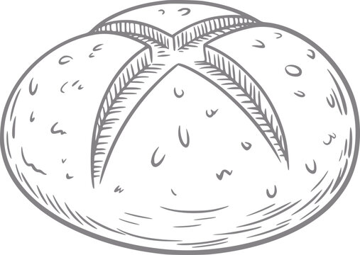 Un dibujo simple a mano de una hogaza redonda de pan crujiente con un corte en forma de cruz en la superficie