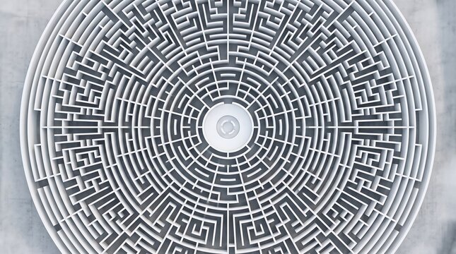 Circular labyrinth with white walls. Top view of a complex maze structure for problem solving.