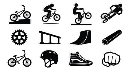 Naklejka premium BMX Bikes Riders Skate Park Obstacles Icon Set