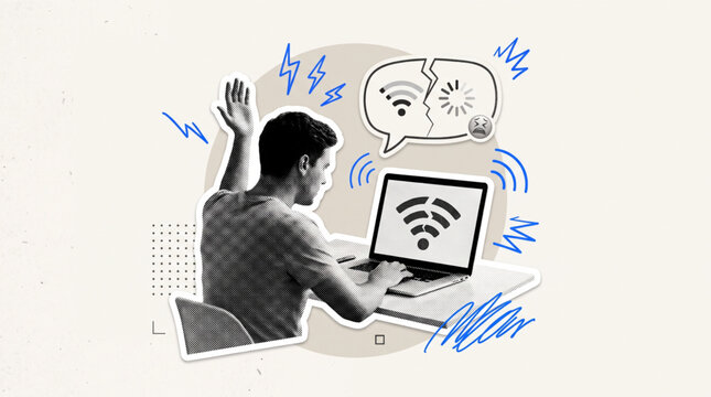 Trendy halftone collage of a man frustrated with slow internet on a laptop. Fun retro stickers with broken wifi signal icon, loading wheel, vintage dot texture, and mixed media grunge doodles.