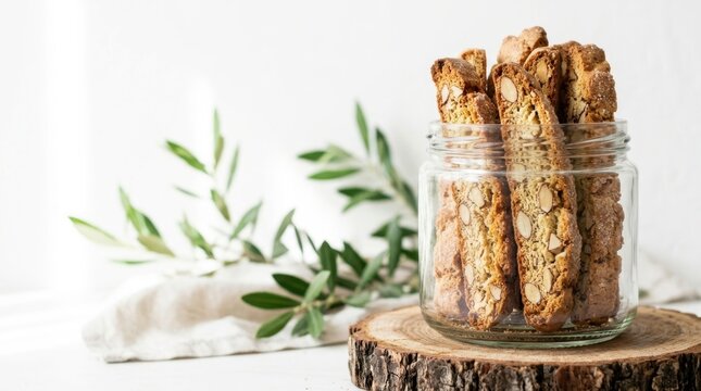 Golden crunchy almond cantucci biscotti cookies inside a clear glass jar placed on a rustic wooden slice with olive leaves in the background for a Mediterranean gourmet dessert feel and food concepts.