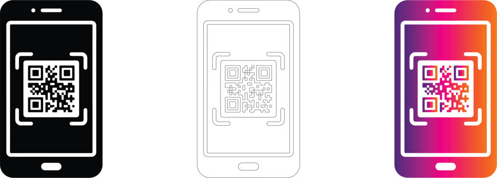 Smartphone QR code scanner icon set in vector black line art and vibrant gradient style